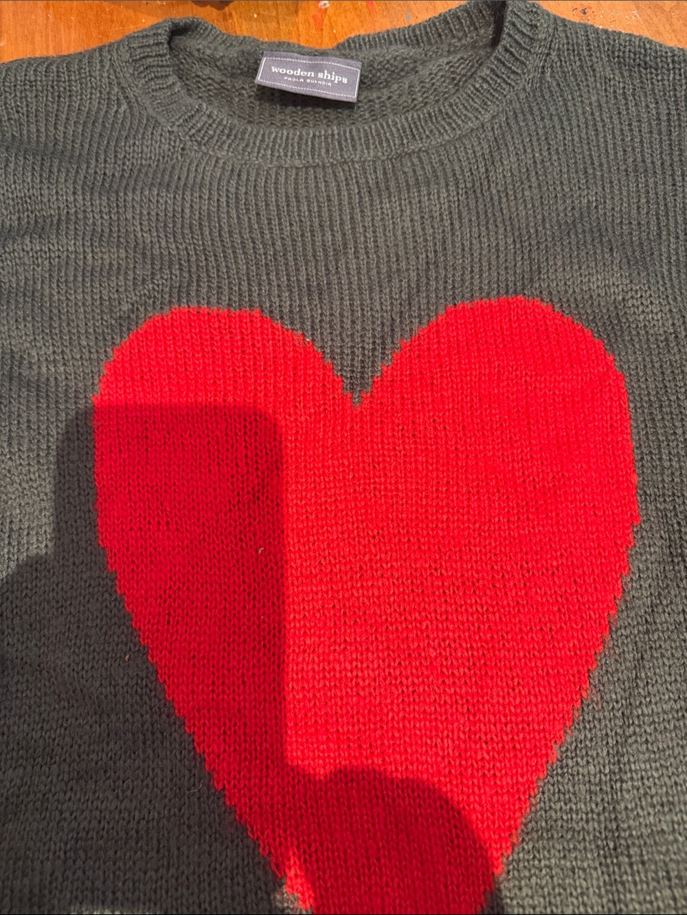 Wooden Ships Olive Crewneck Sweater with Red Heart